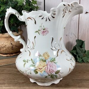 Antique WC Co Semi Porcelain 11” Pitcher Pink & Yellow Roses Gold Leafing Emboss